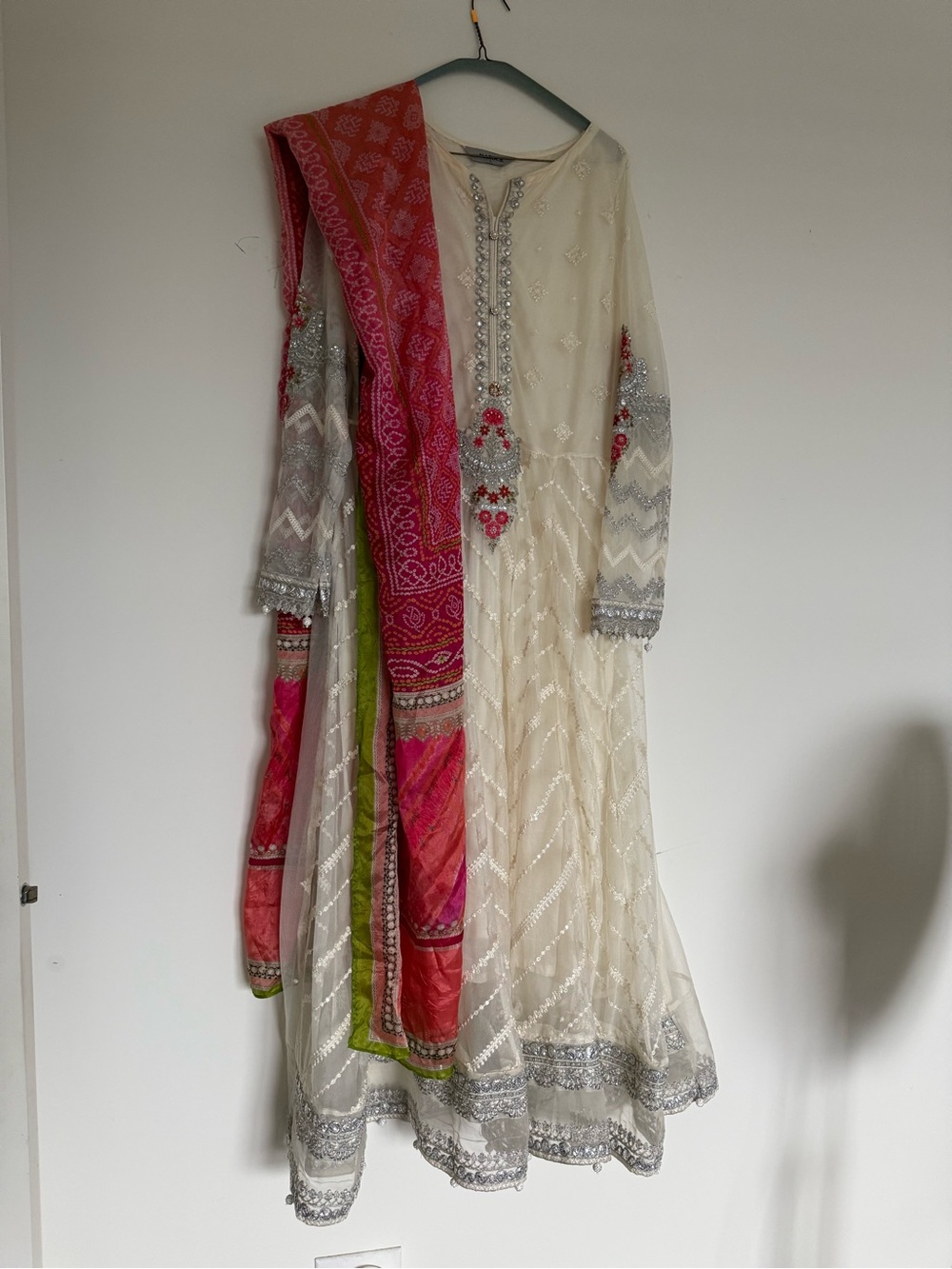 Ivory Long Sleeve Embroidered Anarkali Dress with Pink Dupatta